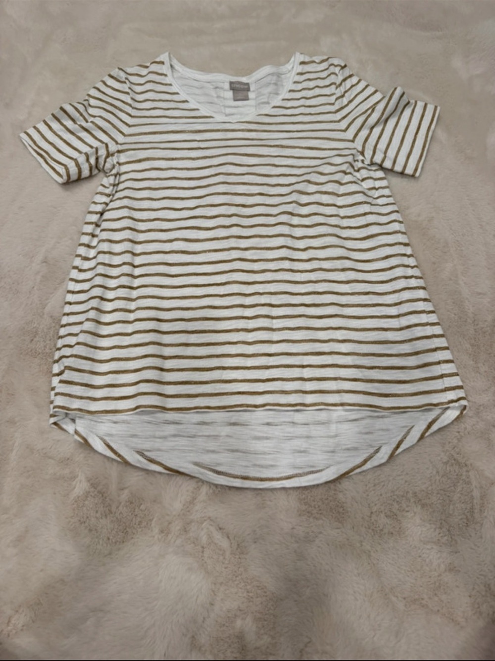 Chico's White & Tan Striped Scoop Neck Short Sleeve Top